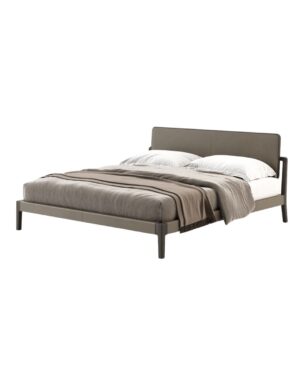 Moderni dvigulė lova su žemu galvūgaliu, pilkos ir rudos spalvos patalynė