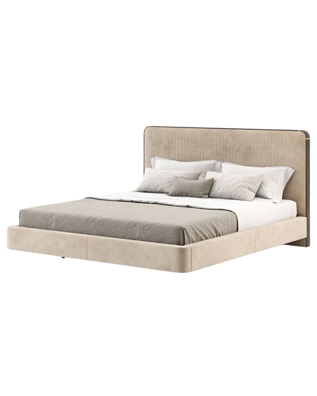 Dvivietė miegamojo lova be kojelių, smėlinis audinys ir aukšta atkaltė