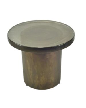 Apvalus kavos staliukas su tamsiu stikliniu stalviršiu ir kūgio formos sendinto žalvario baze