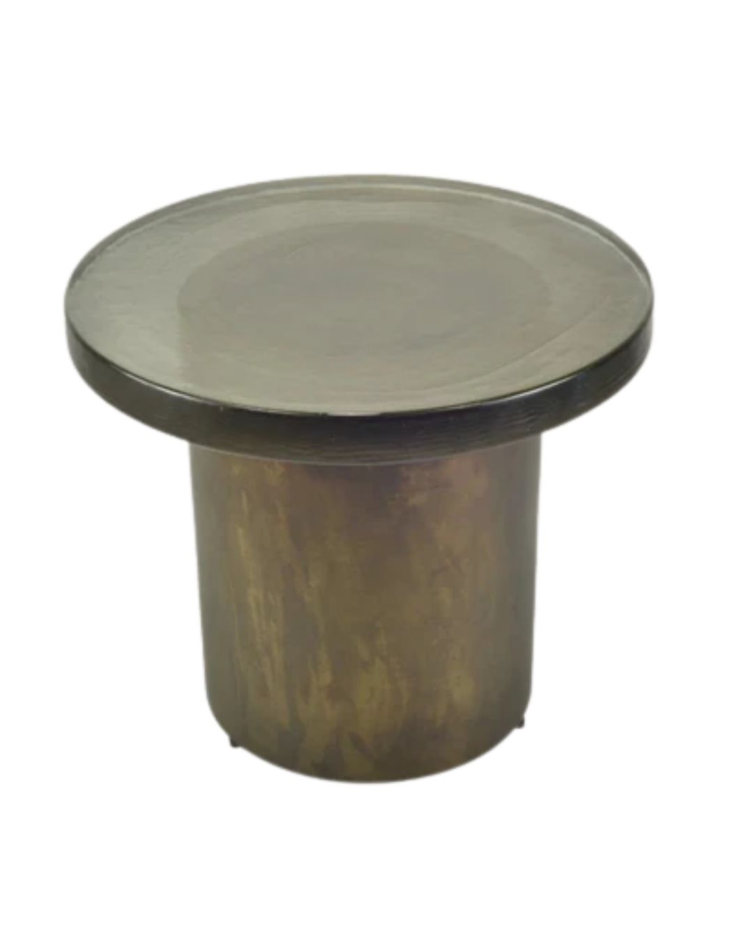 Apvalus kavos staliukas su tamsiu stikliniu stalviršiu ir kūgio formos sendinto žalvario baze