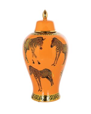 Didelė keramikinė urna, oranžinės spalvos su zebrų iliustracijomis