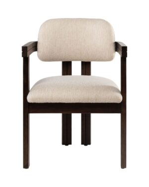 Wabi Sabi dizaino įkvėpta valgomojo kėdė su mediniais porankiais ir baltu audiniu