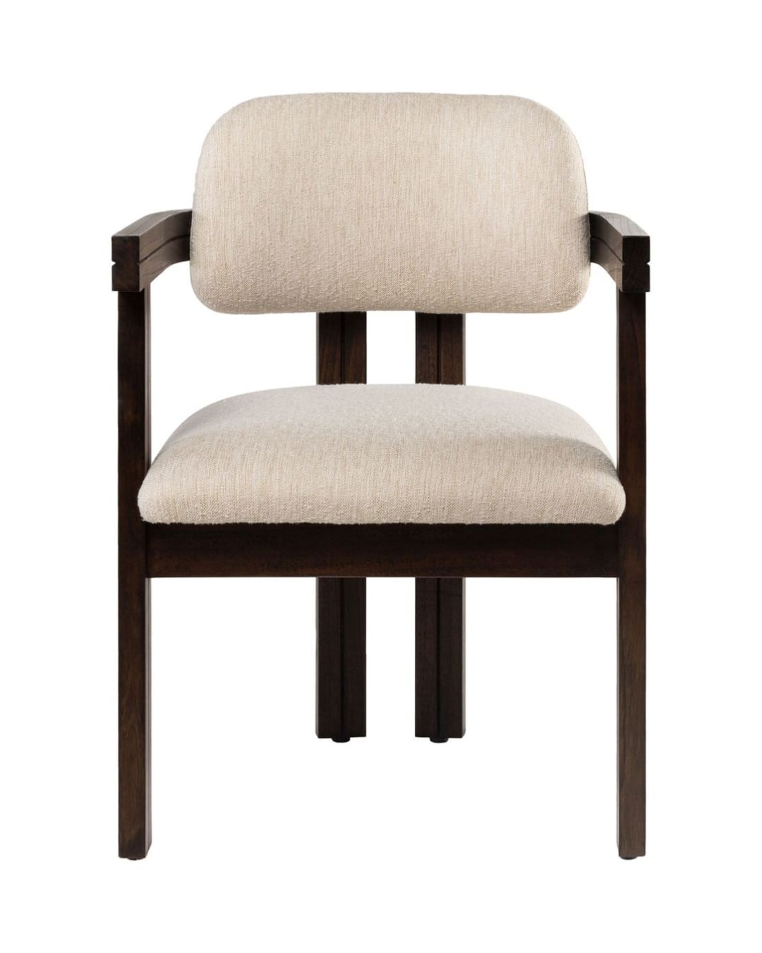 Wabi Sabi dizaino įkvėpta valgomojo kėdė su mediniais porankiais ir baltu audiniu