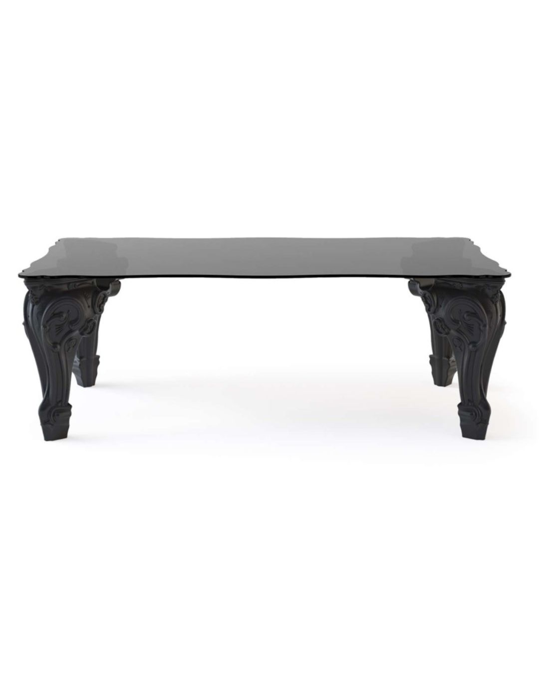 Didelis stačiakampio formos valgomojo stalas su masyviomis juodomis kojomis ir juodu stikliniu stalviršiu