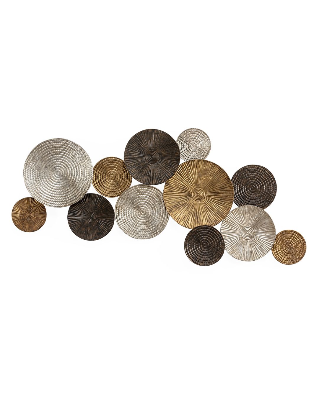 Metalinė sienos dekoracija sudaryta iš įvairių spalvų metalinių apvalių plokštelių