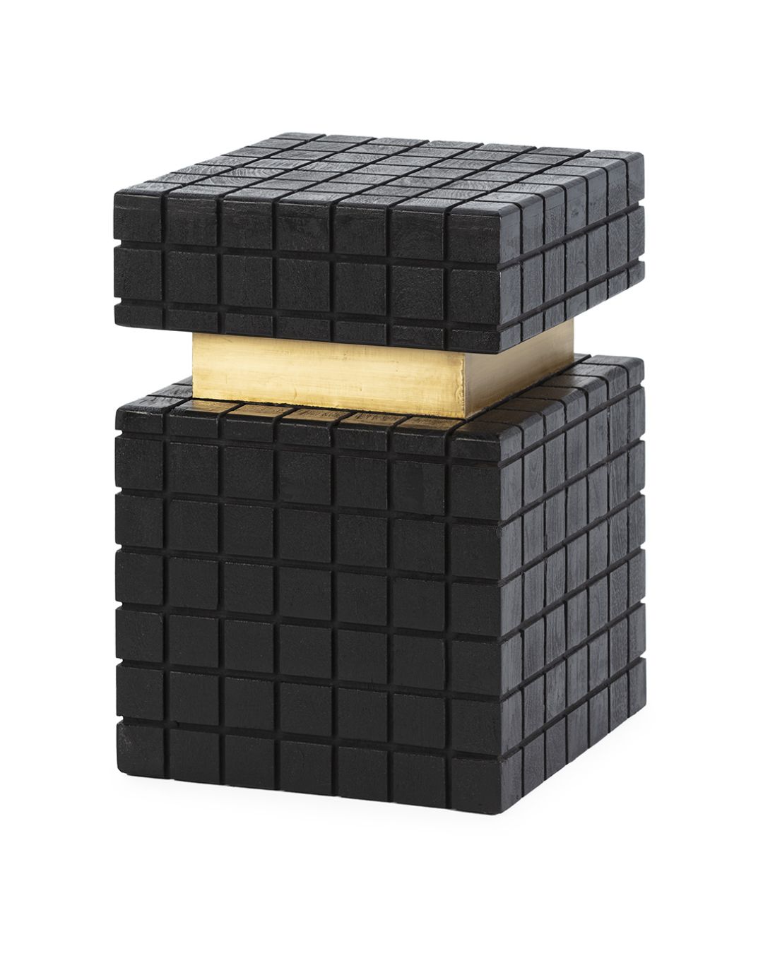 Juodos spalvos kvadratinis kavos staliukas iš juodos medienos su aukso spalvos juosta