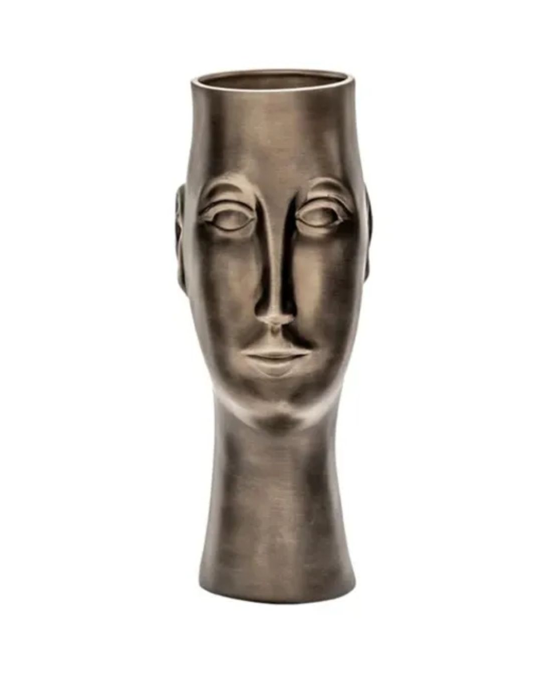 Keramikinė sendinto aukso spalvos vaza su žmogaus veidu