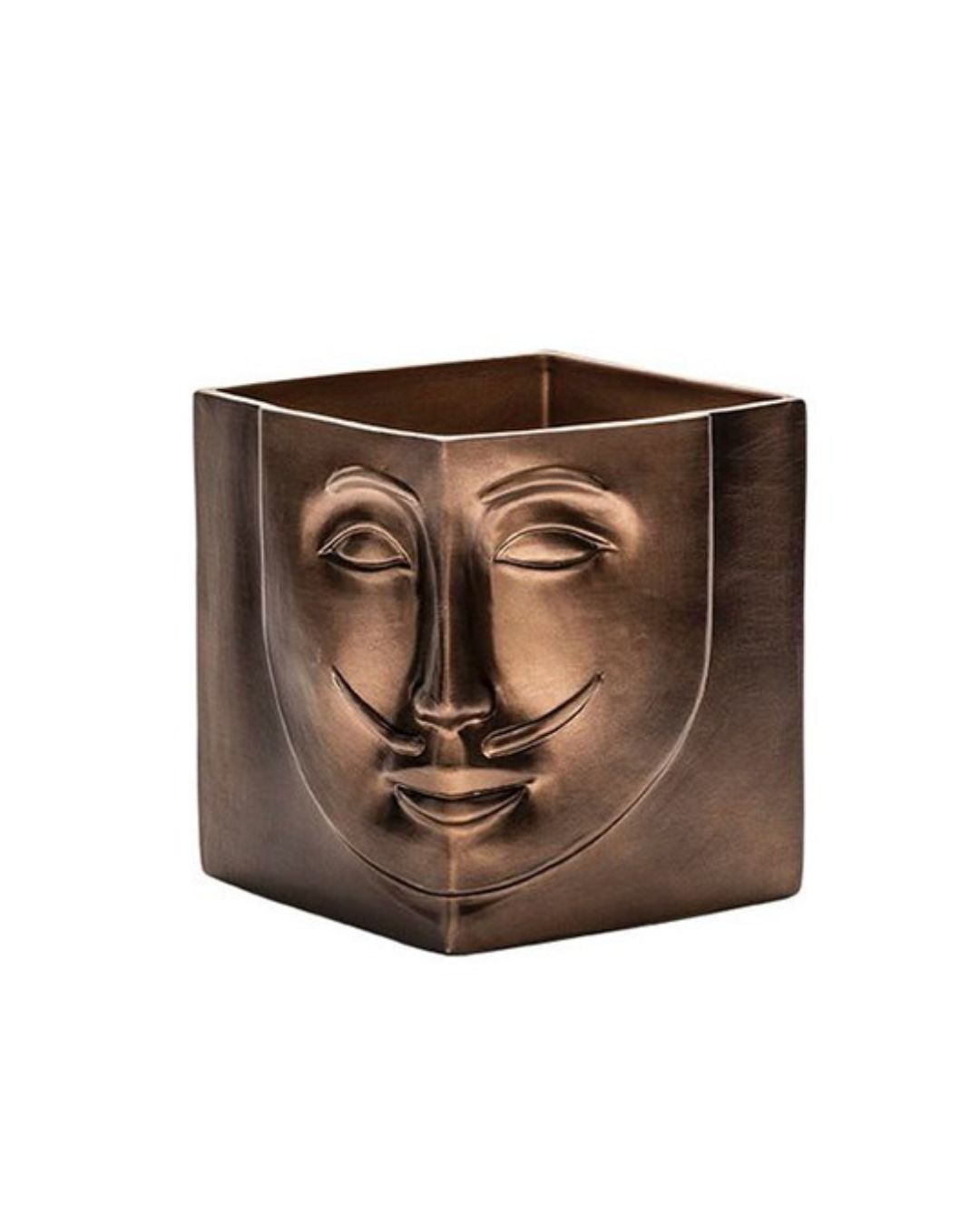 Keramikinė sendinto aukso spalvos vaza su žmogaus veidu