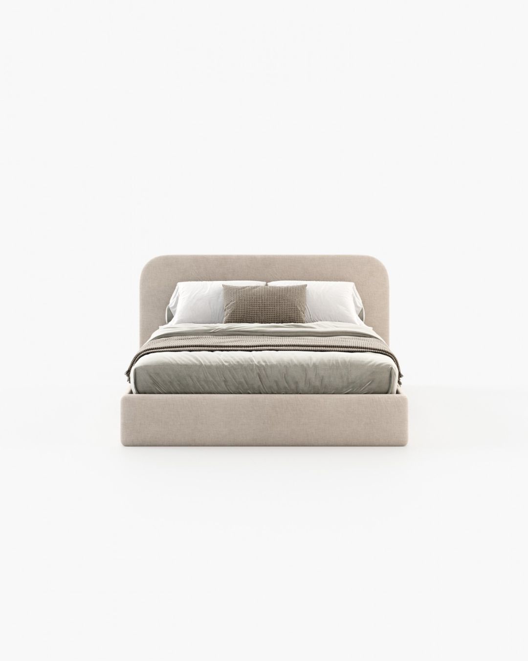 Šviesi dvigulė lova apvalių formų galvūgaliu