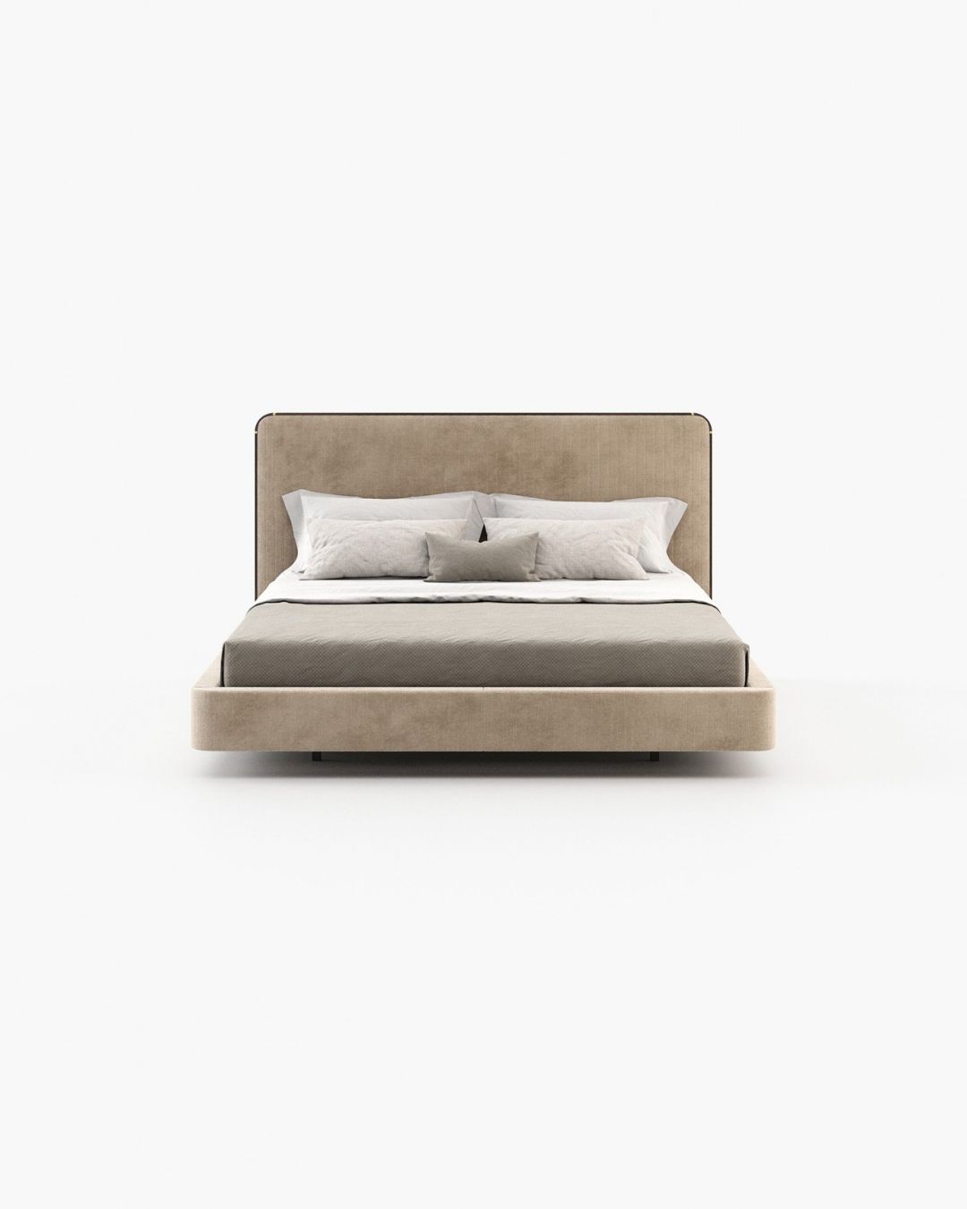 Dvivietė miegamojo lova be kojelių, smėlinis audinys ir aukšta atkaltė