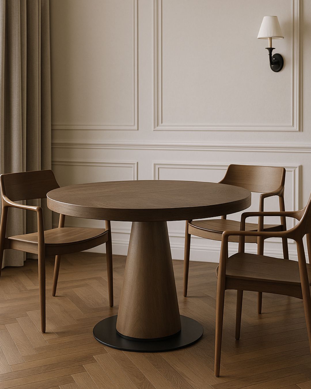 Medinis apvalus valgomojo stalas su kūgio formos baze