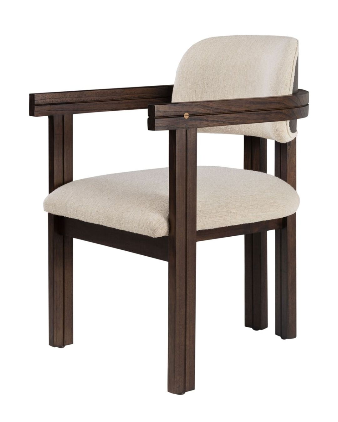 Wabi Sabi dizaino įkvėpta valgomojo kėdė su mediniais porankiais ir baltu audiniu