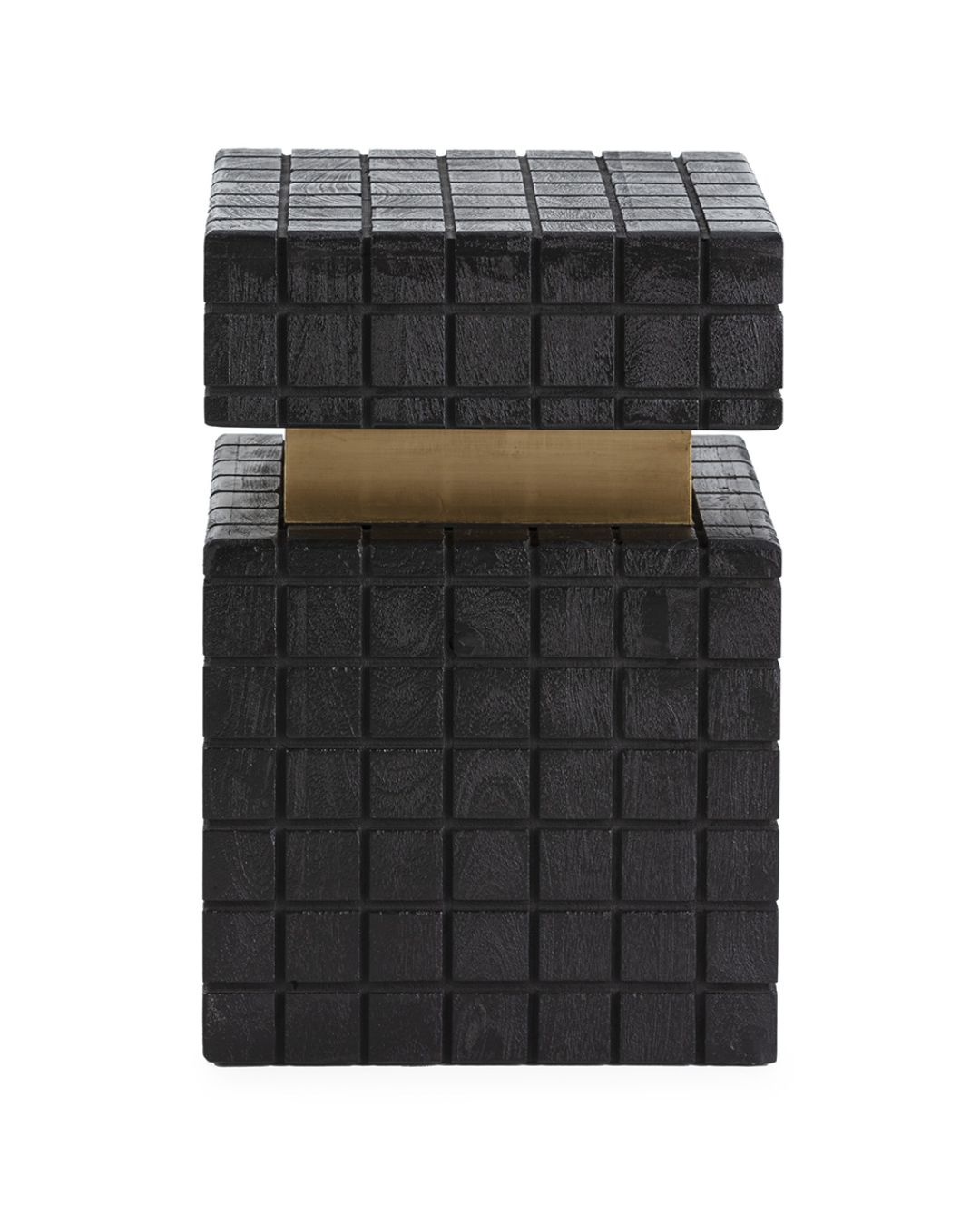 Juodos spalvos kvadratinis kavos staliukas iš juodos medienos su aukso spalvos juosta