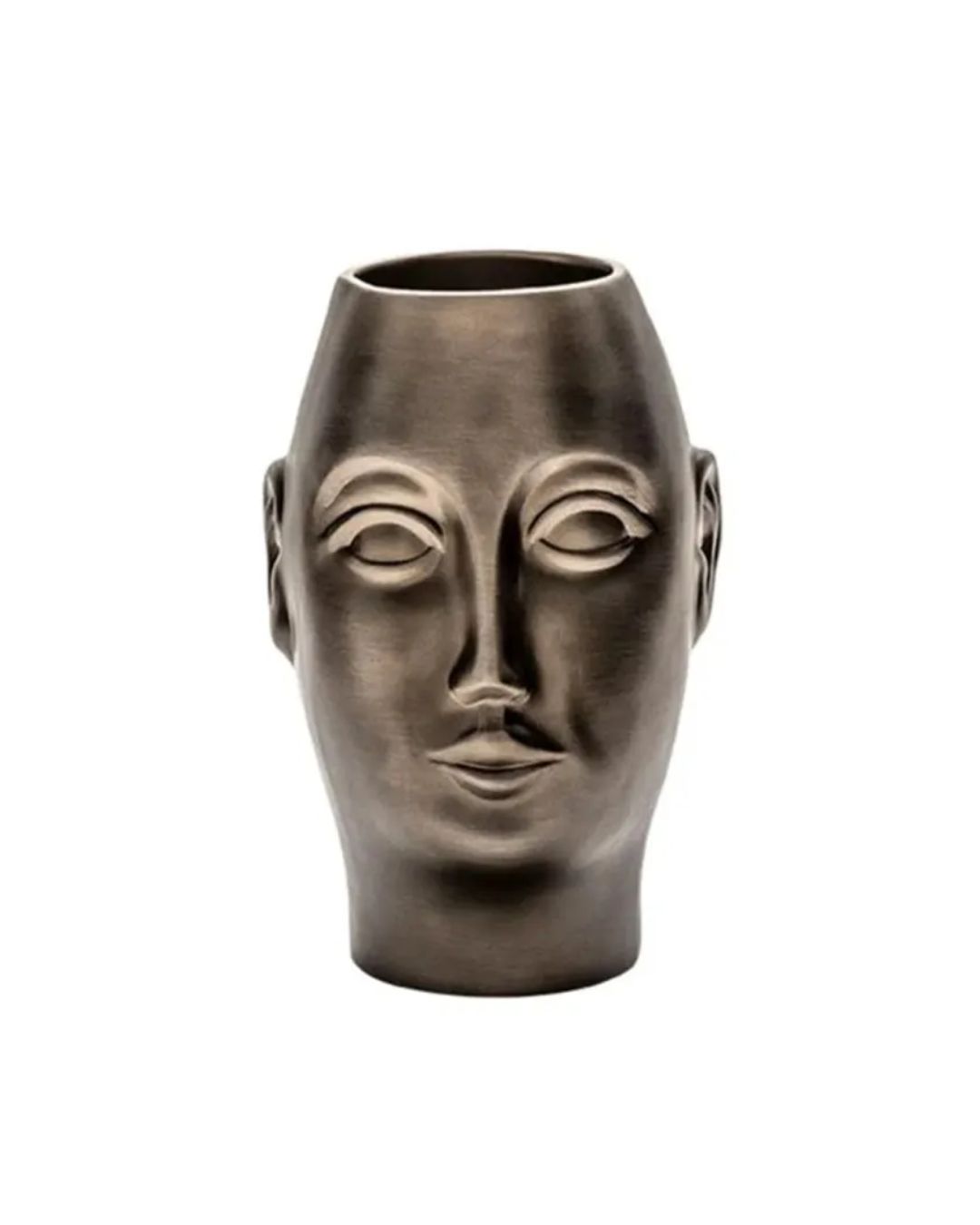 Keramikinė sendinto aukso spalvos vaza su žmogaus veidu