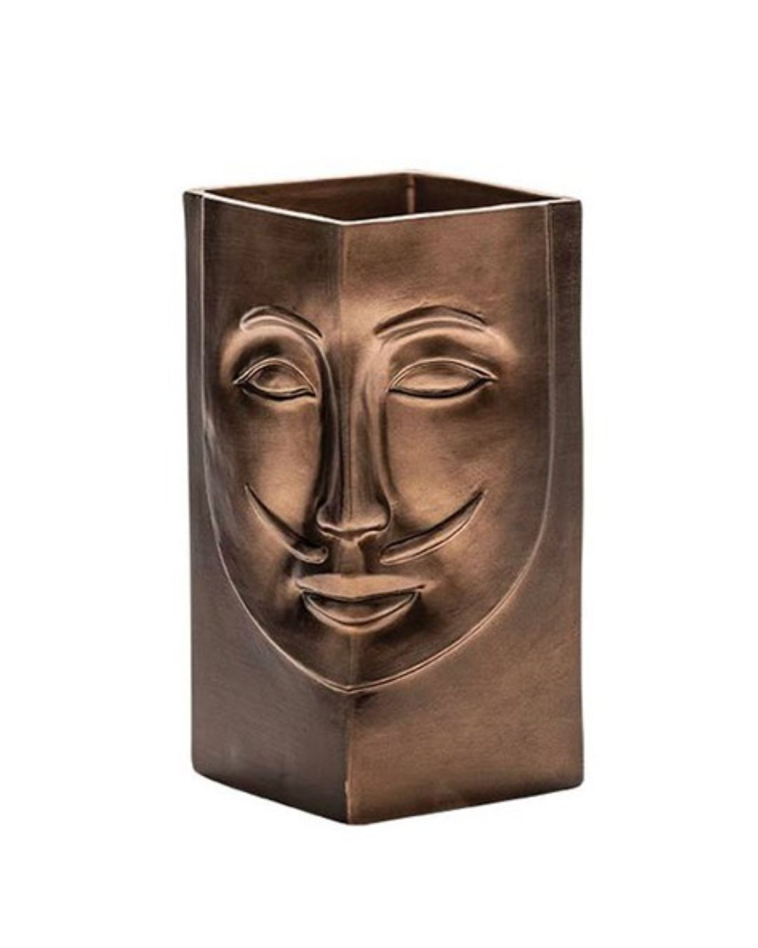 Keramikinė sendinto aukso spalvos vaza su žmogaus veidu