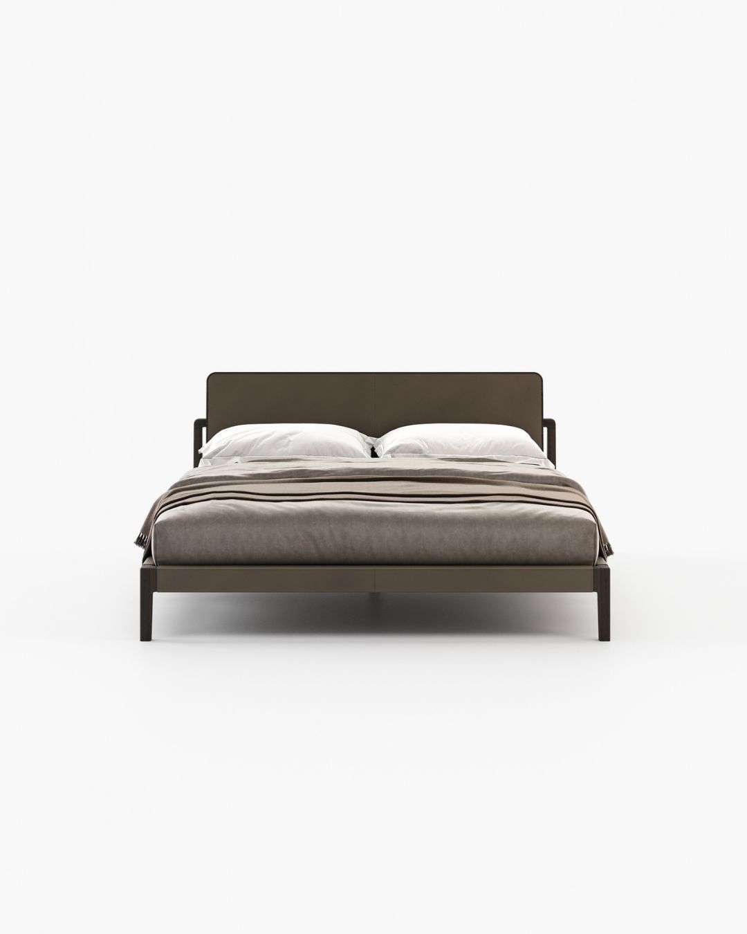 Moderni dvigulė lova su žemu galvūgaliu, pilkos ir rudos spalvos patalynė