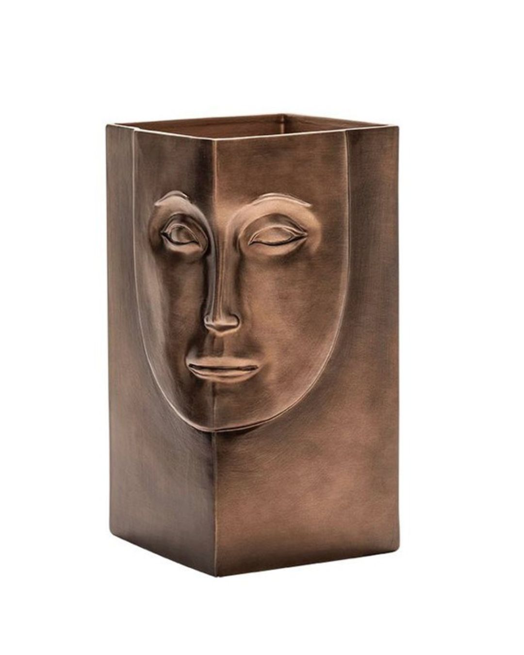 Keramikinė sendinto aukso spalvos vaza su žmogaus veidu