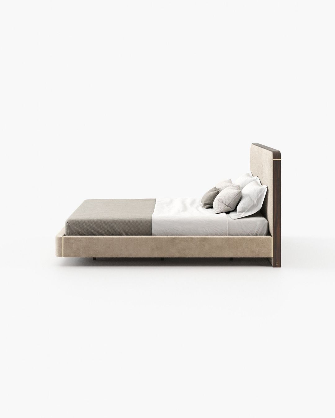 Dvivietė miegamojo lova be kojelių, smėlinis audinys ir aukšta atkaltė