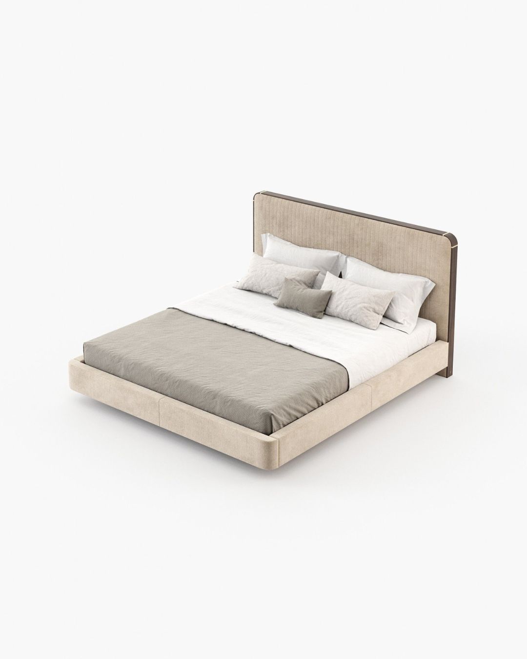 Dvivietė miegamojo lova be kojelių, smėlinis audinys ir aukšta atkaltė