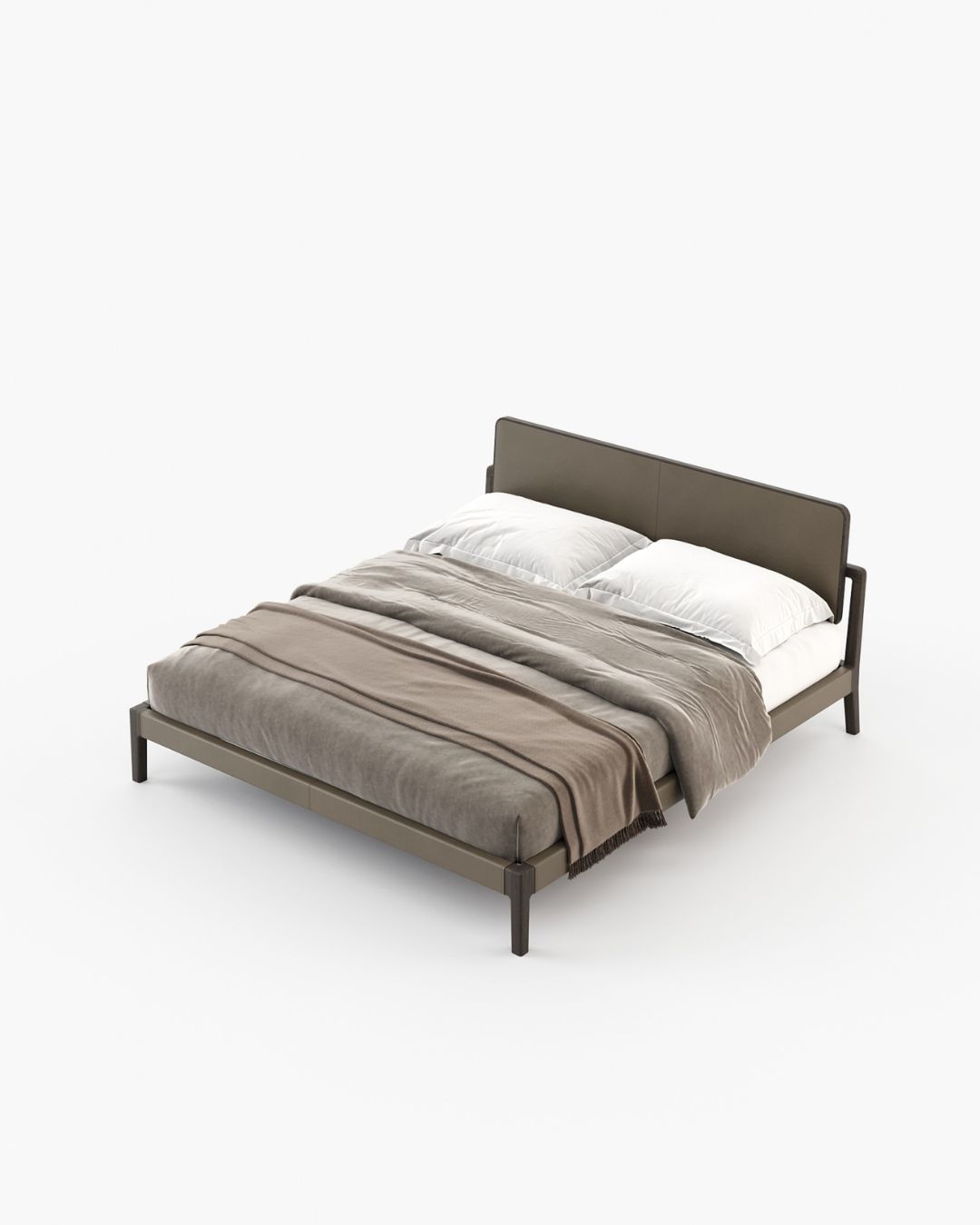 Moderni dvigulė lova su žemu galvūgaliu, pilkos ir rudos spalvos patalynė