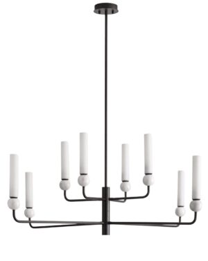 Pakabinamas šviestuvas su juodu korpusu ir baltais marmuriniais akcentais