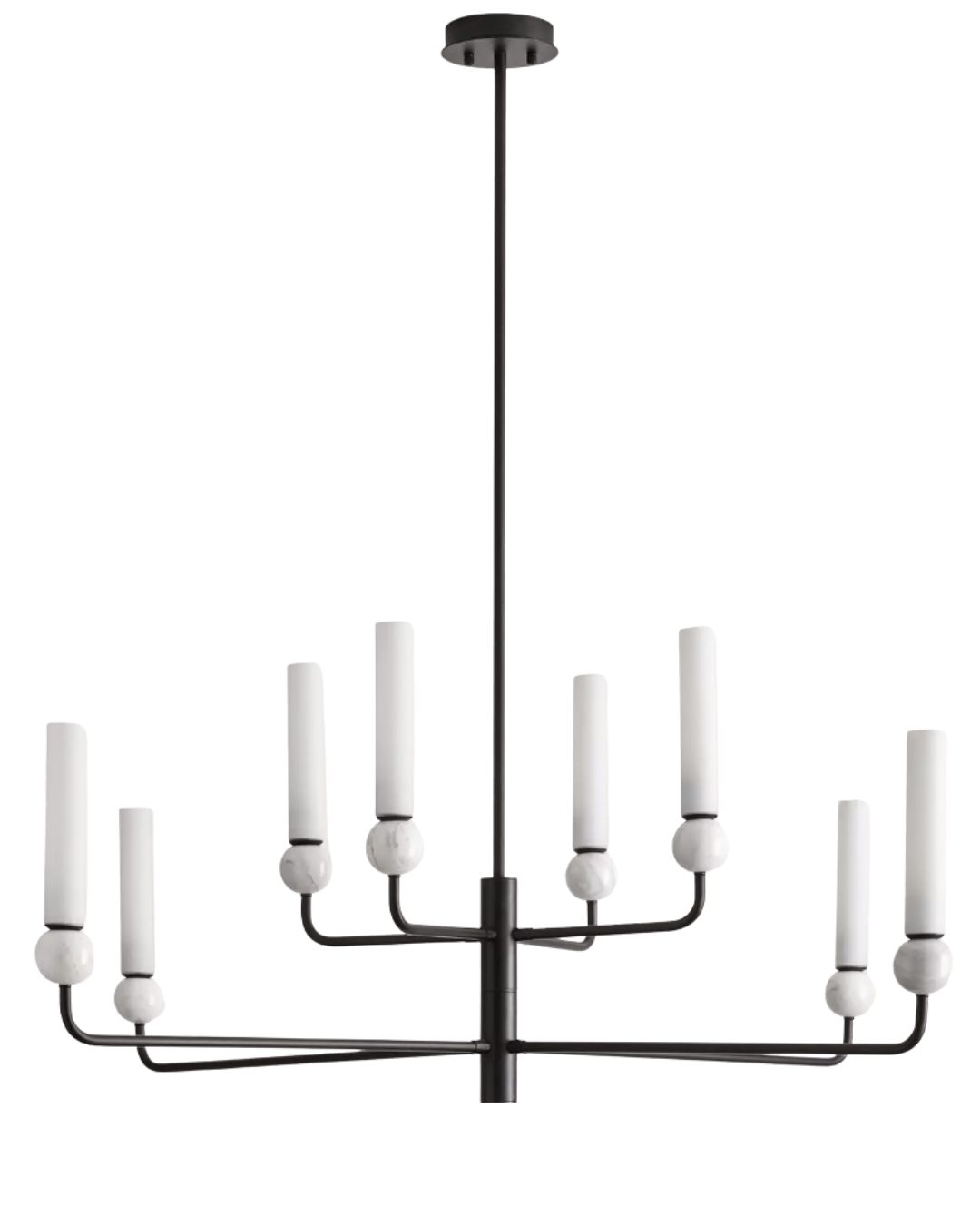 Pakabinamas šviestuvas su juodu korpusu ir baltais marmuriniais akcentais