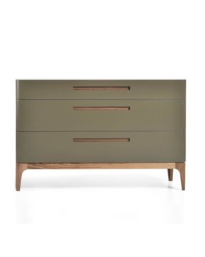 Žalios spalvos komoda medinėmis kojelėmis ir trimis stalčiais