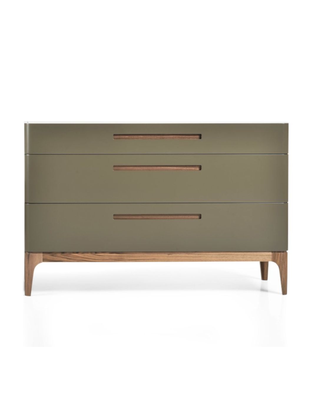 Žalios spalvos komoda medinėmis kojelėmis ir trimis stalčiais