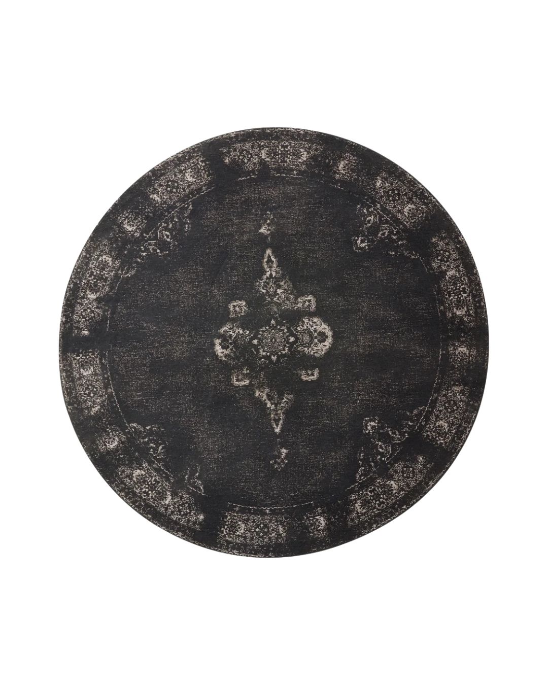 Apvalus tamsiai pilkos spalvos kilimas baltame fone