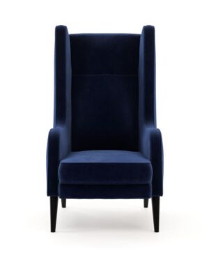 Klasikinio dizaino tamsiai mėlynas fotelis su aukšta atkalte