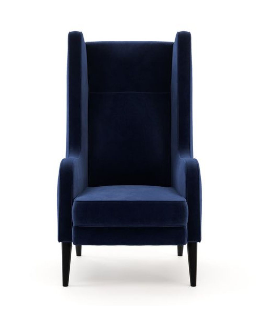 Klasikinio dizaino tamsiai mėlynas fotelis su aukšta atkalte