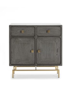 pilkai beicuoto medžio komoda su aukso spalvos metalo detalėmis