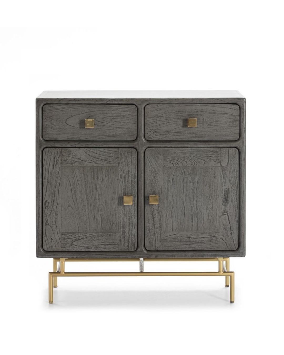 pilkai beicuoto medžio komoda su aukso spalvos metalo detalėmis