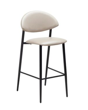 Pusbario kėdė su juodomis metalinėmis kojelėmis, aptraukta baltos spalvos dirbtine oda