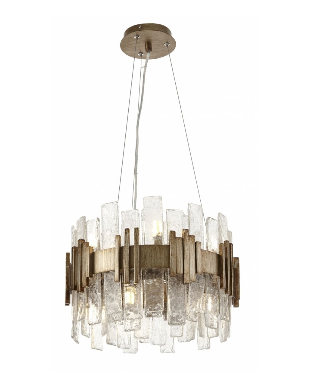 Pakabinamas šviestuvas su tekstūrinio skaidraus stiklo detalėmis ir sendintu žalvariu