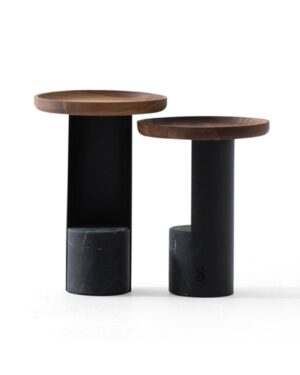 Minimalistinio dizaino RITZ šoniniai staliukai su apvaliu mediniu stalviršiu