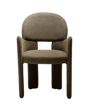 Modernaus dizaino valgomojo kėdė AOLE su porankiais. Pilnai aptraukta tamsiai žalios spalvos audiniu.