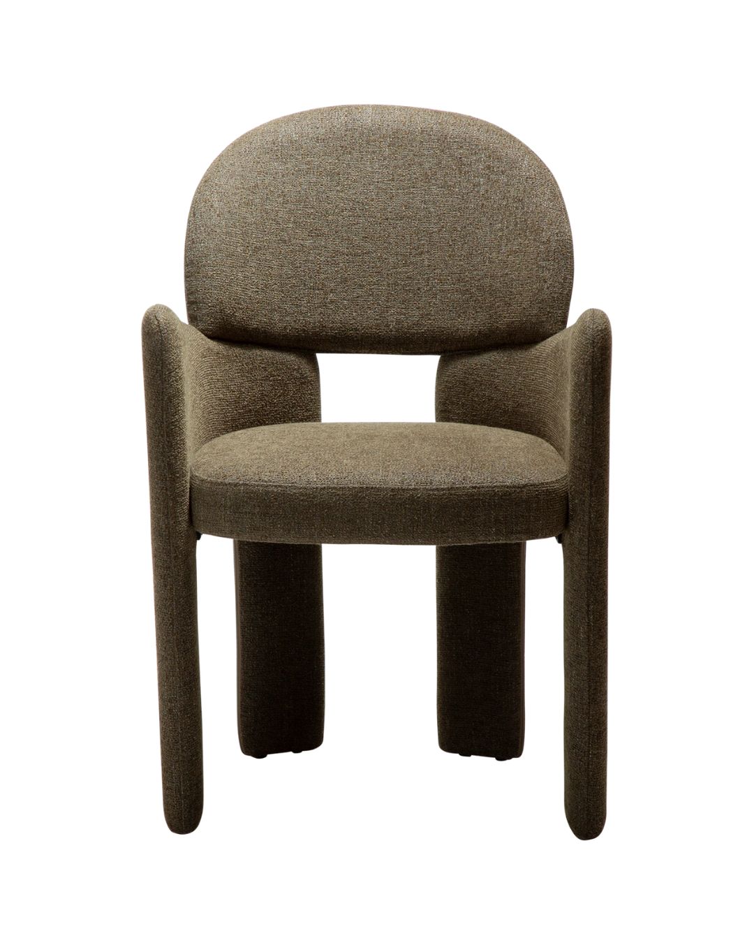 Modernaus dizaino valgomojo kėdė AOLE su porankiais. Pilnai aptraukta tamsiai žalios spalvos audiniu.