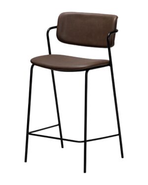 Pusbario kėdė plonomis metalinėmis kojelėmis ir dirbtine rudos spalvos oda