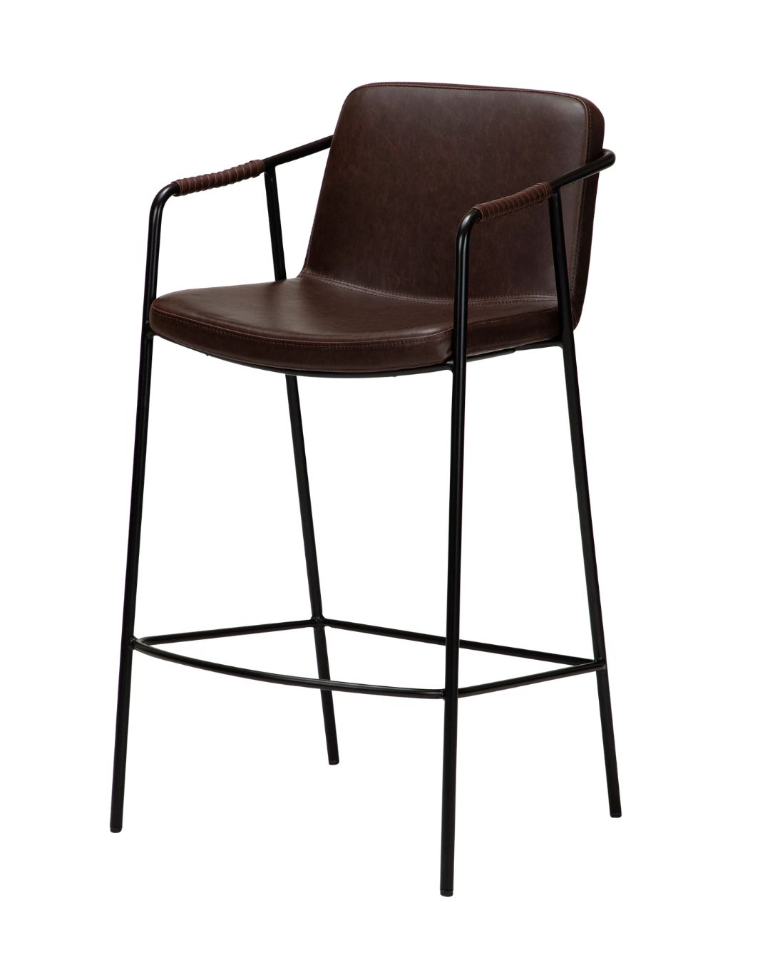 Pusbario kėdė plonomis metalinėmis kojelėmis ir dirbtine rudos spalvos oda