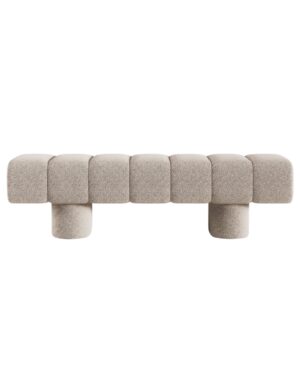 Pailgas minkštas suoliukas su dviem kojelėmis, aptrauktas kreminės spalvos audiniu