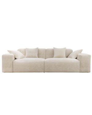 Masyvi modulinė sofa su storais porankiai ir šviesiu audiniu