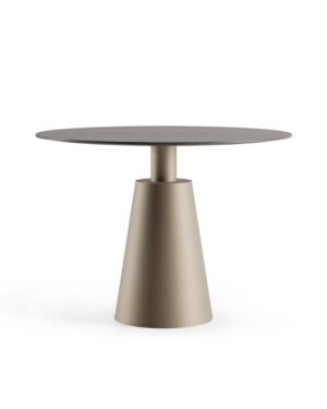 Bella valgomojo stalas su kūgio formos baze (sendinto žalvario spalva) ir mediniu stalviršiu