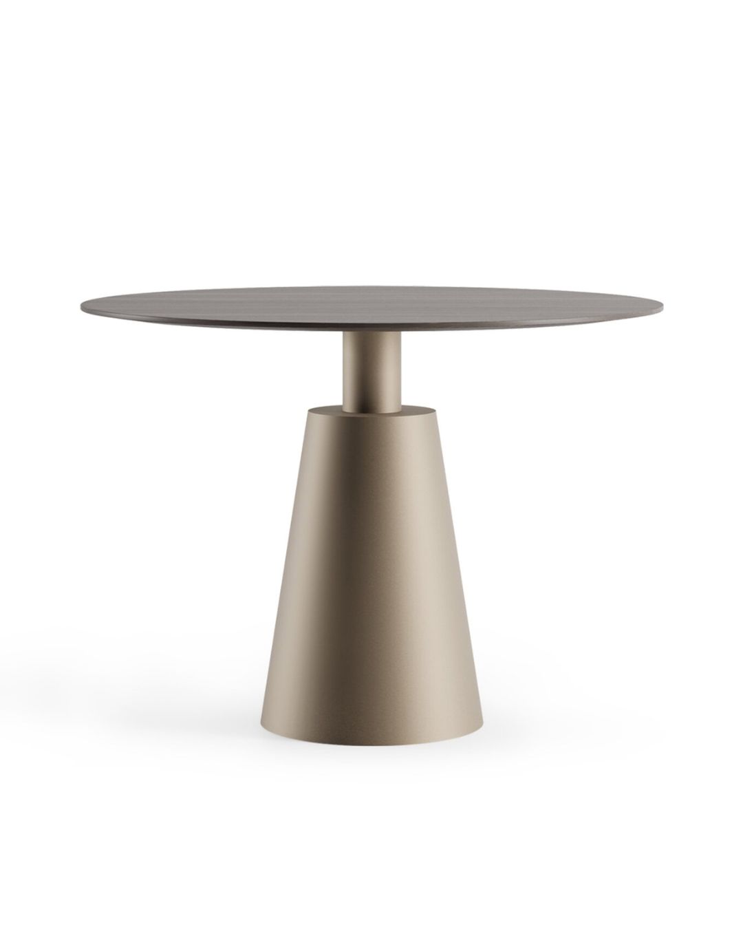 Bella valgomojo stalas su kūgio formos baze (sendinto žalvario spalva) ir mediniu stalviršiu