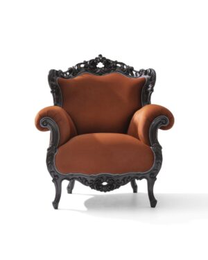 Išraiškingų formų klasikinio dizaino masyvus fotelis su paraitymais