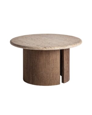 Japandi stiliaus apvalus kavos staliukas su travertino akmens stalviršiu