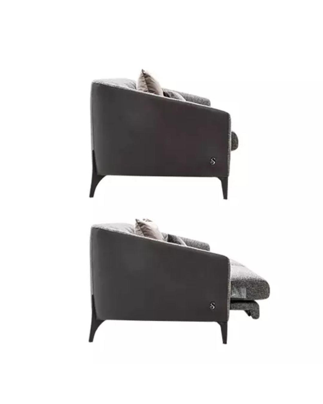 Pilka dvivietė sofa su reguliuojamo gylio sėdimąja dalini