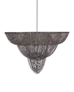 Klasikinio dizaino pakabinamas šviestuvas iš smulkių pilkos spalvos metalinių grandinėlių
