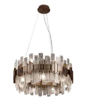 Pakabinamas šviestuvas su tekstūrinio skaidraus stiklo detalėmis ir sendintu žalvariu