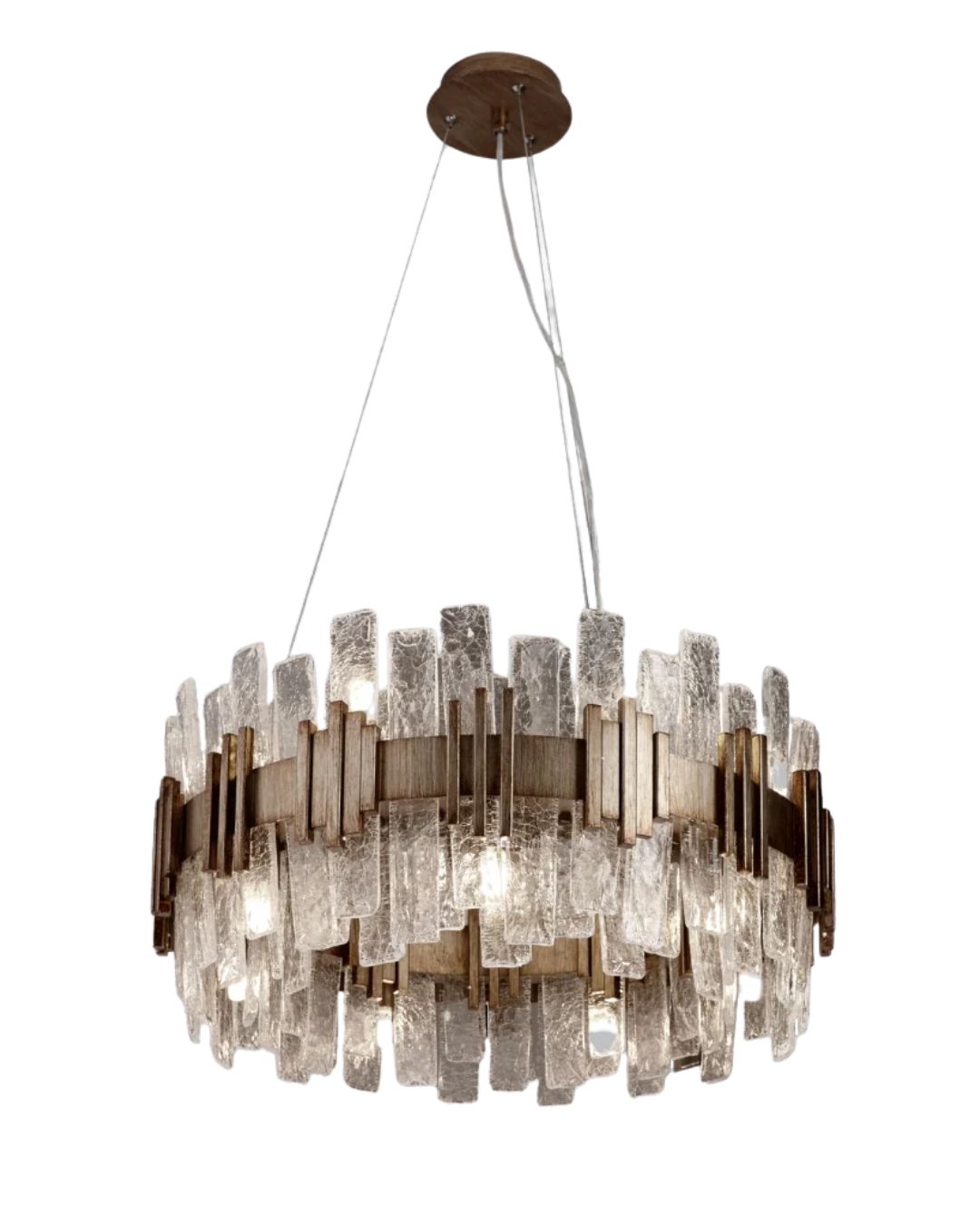 Pakabinamas šviestuvas su tekstūrinio skaidraus stiklo detalėmis ir sendintu žalvariu